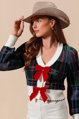 Plaid Bow-Tie Cropped Cardigan