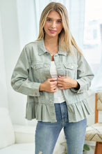 Load image into Gallery viewer, Sage Denim Ruffle Jacket