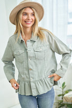 Load image into Gallery viewer, Sage Denim Ruffle Jacket