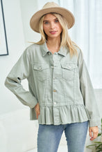 Load image into Gallery viewer, Sage Denim Ruffle Jacket